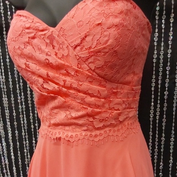 Christina Wu Strapless Coral Lace Gown - Picture 3 of 3